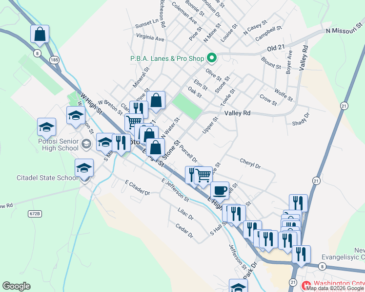 map of restaurants, bars, coffee shops, grocery stores, and more near 401 Laurel Street in Potosi