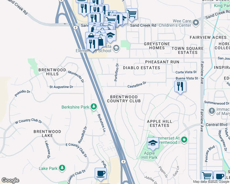 map of restaurants, bars, coffee shops, grocery stores, and more near 2295 Spartan Terrace in Brentwood