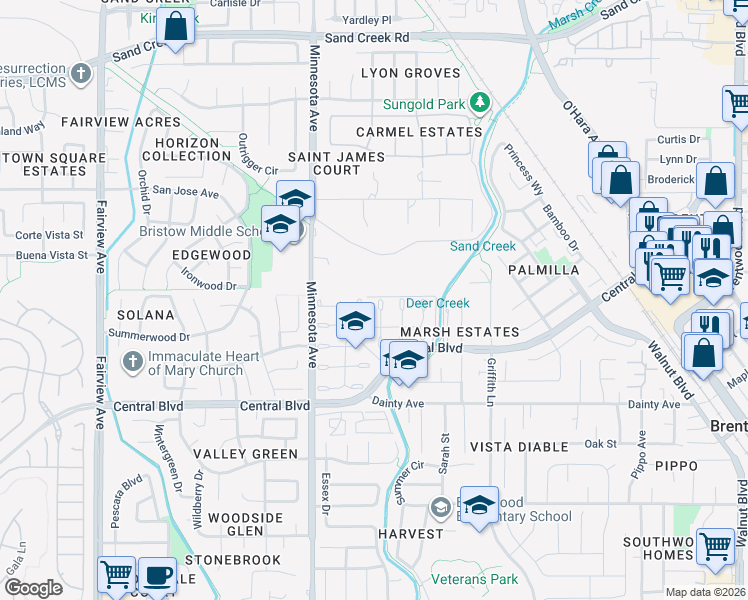 map of restaurants, bars, coffee shops, grocery stores, and more near 775 Timberline Terrace in Brentwood