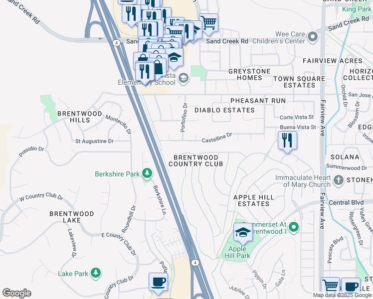 map of restaurants, bars, coffee shops, grocery stores, and more near 2283 Spartan Terrace in Brentwood
