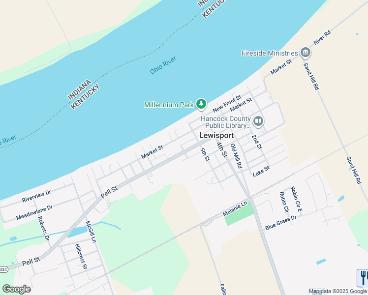 map of restaurants, bars, coffee shops, grocery stores, and more near 598-584 6th St in Lewisport