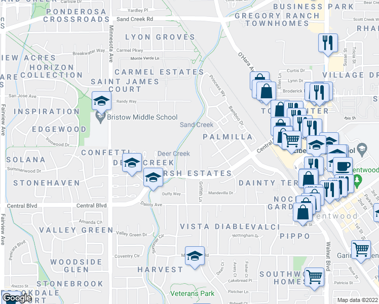 map of restaurants, bars, coffee shops, grocery stores, and more near 970 North Estates Drive in Brentwood