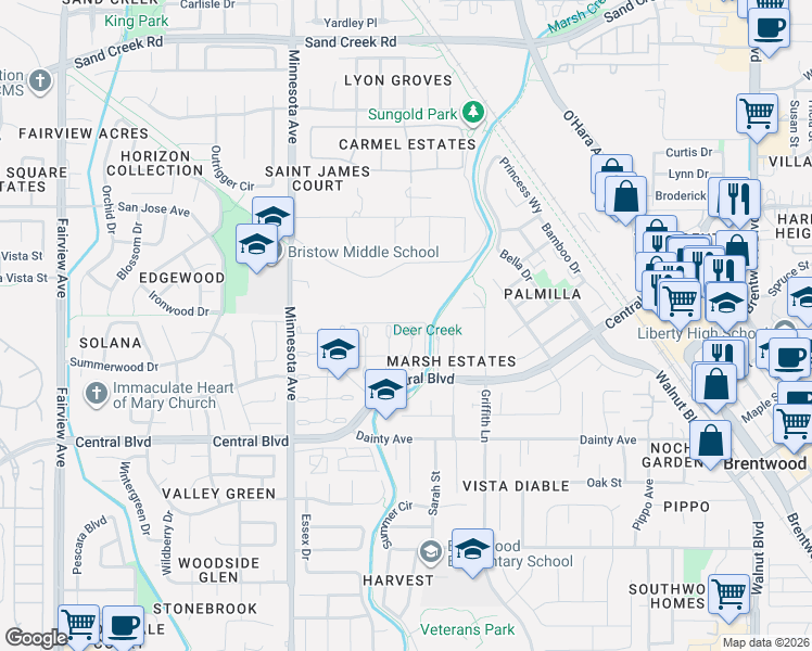 map of restaurants, bars, coffee shops, grocery stores, and more near 775 Willowcreek Terrace in Brentwood