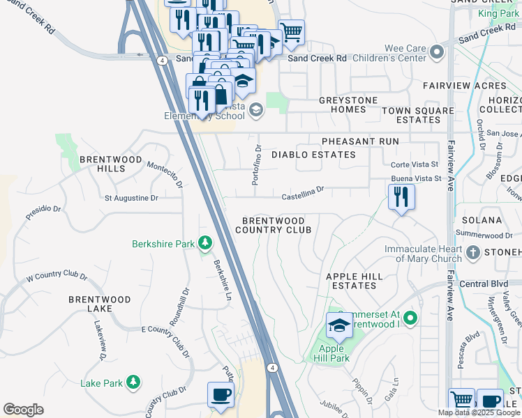 map of restaurants, bars, coffee shops, grocery stores, and more near 2283 Spartan Terrace in Brentwood