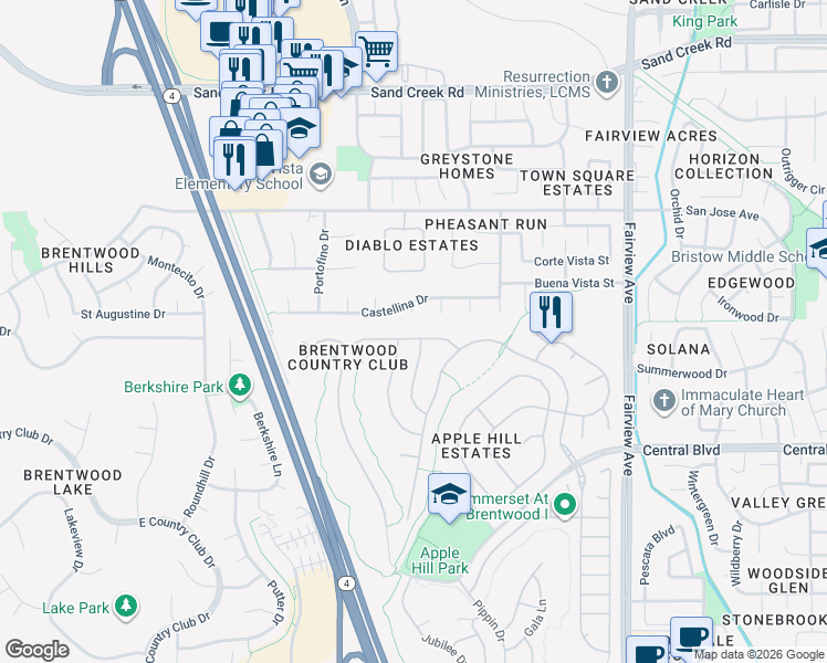 map of restaurants, bars, coffee shops, grocery stores, and more near 1820 Castellina Drive in Brentwood