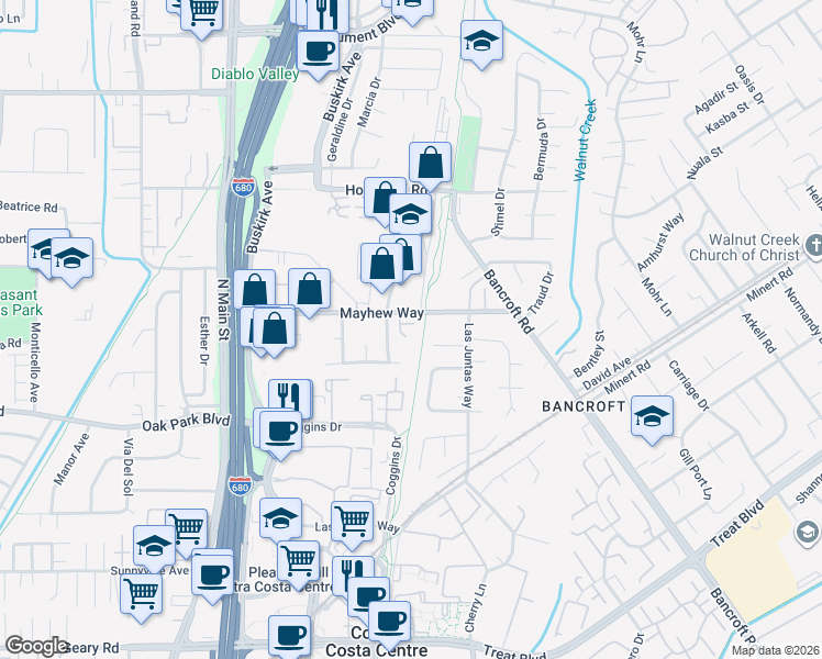 map of restaurants, bars, coffee shops, grocery stores, and more near 3021 Mayhew Court in Walnut Creek