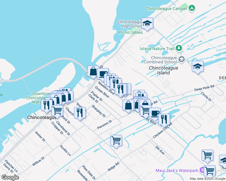 map of restaurants, bars, coffee shops, grocery stores, and more near 6189 Maddox Boulevard in Chincoteague Island