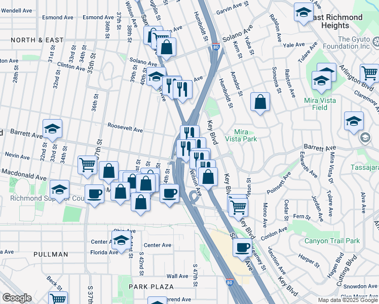 map of restaurants, bars, coffee shops, grocery stores, and more near 12345 San Pablo Avenue in Richmond