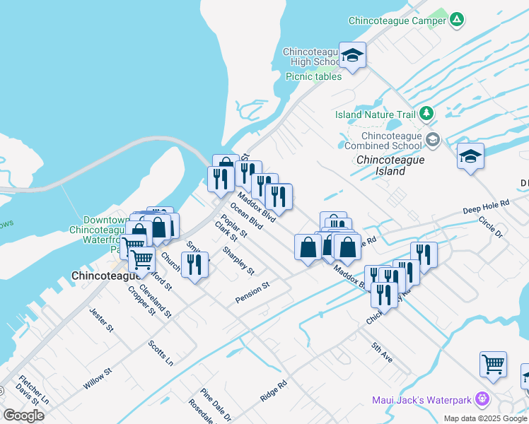 map of restaurants, bars, coffee shops, grocery stores, and more near 6189 Maddox Boulevard in Chincoteague Island