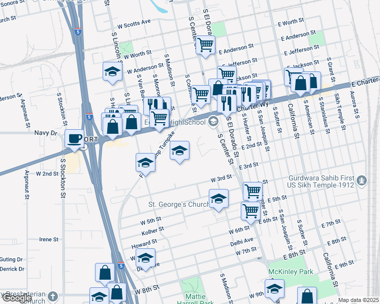 map of restaurants, bars, coffee shops, grocery stores, and more near 1425 S Center St in Stockton