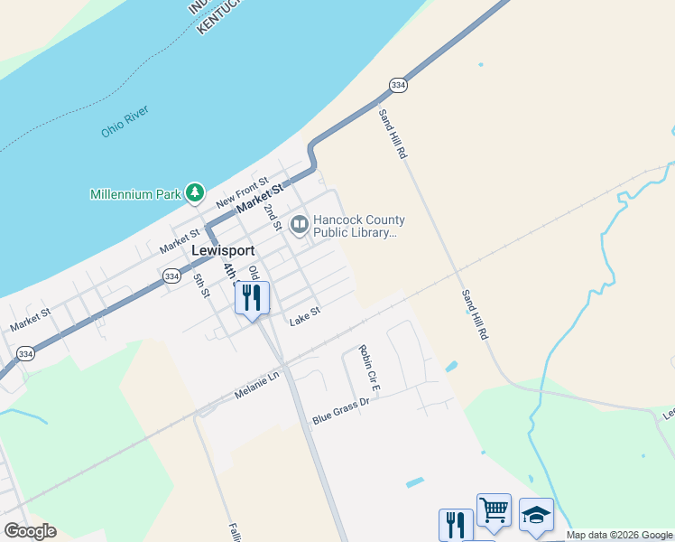 map of restaurants, bars, coffee shops, grocery stores, and more near 79-85 Nancy Avenue in Lewisport