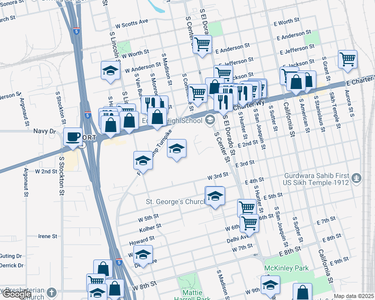 map of restaurants, bars, coffee shops, grocery stores, and more near 1425 South Center Street in Stockton