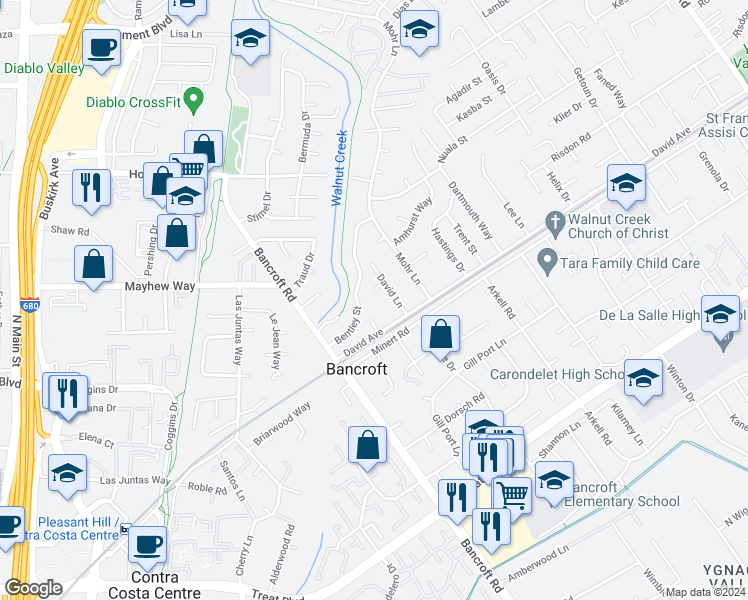 map of restaurants, bars, coffee shops, grocery stores, and more near 689 Lord Court in Concord
