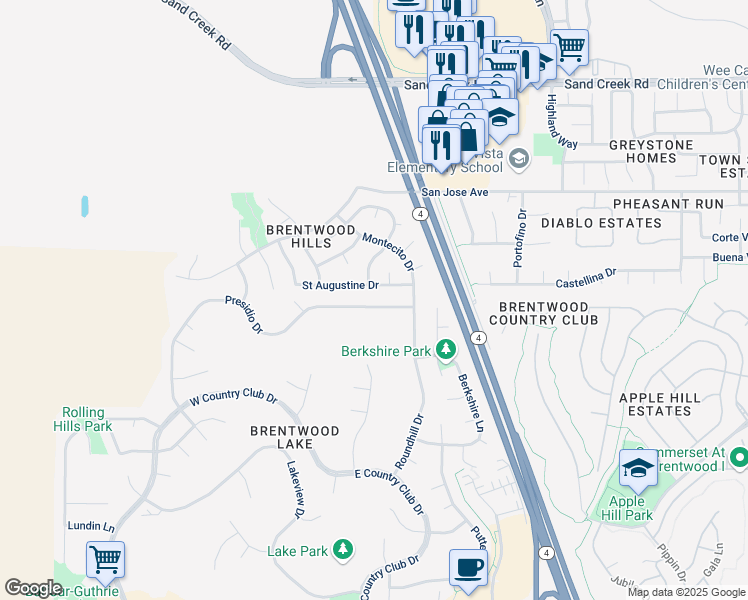 map of restaurants, bars, coffee shops, grocery stores, and more near 2613 Presidio Drive in Brentwood