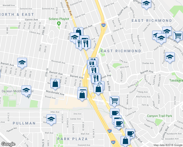 map of restaurants, bars, coffee shops, grocery stores, and more near 12345 San Pablo Avenue in Richmond