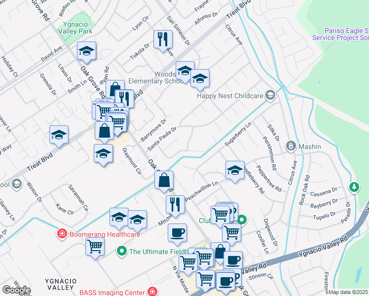 map of restaurants, bars, coffee shops, grocery stores, and more near 721 Santa Ana Lane in Concord