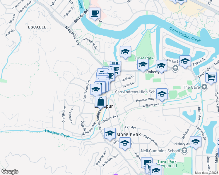 map of restaurants, bars, coffee shops, grocery stores, and more near 500 Magnolia Avenue in Larkspur
