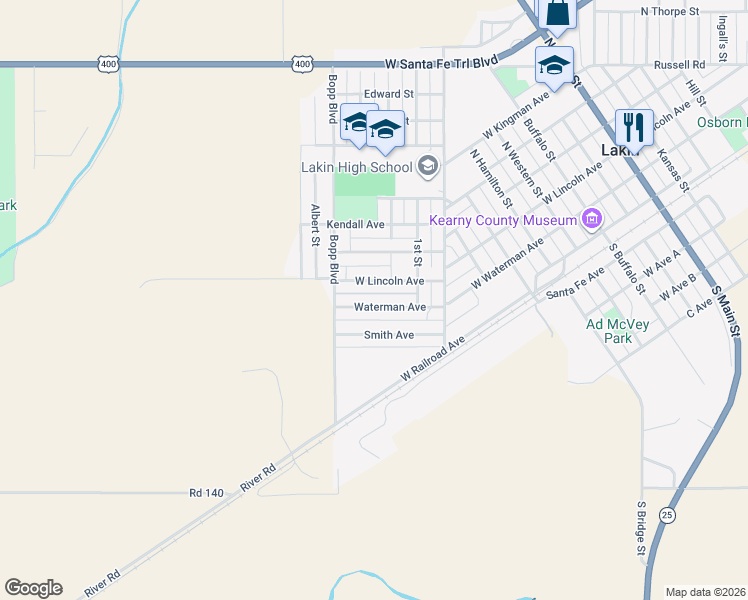 map of restaurants, bars, coffee shops, grocery stores, and more near 1200-1204 West Lincoln Avenue in Lakin