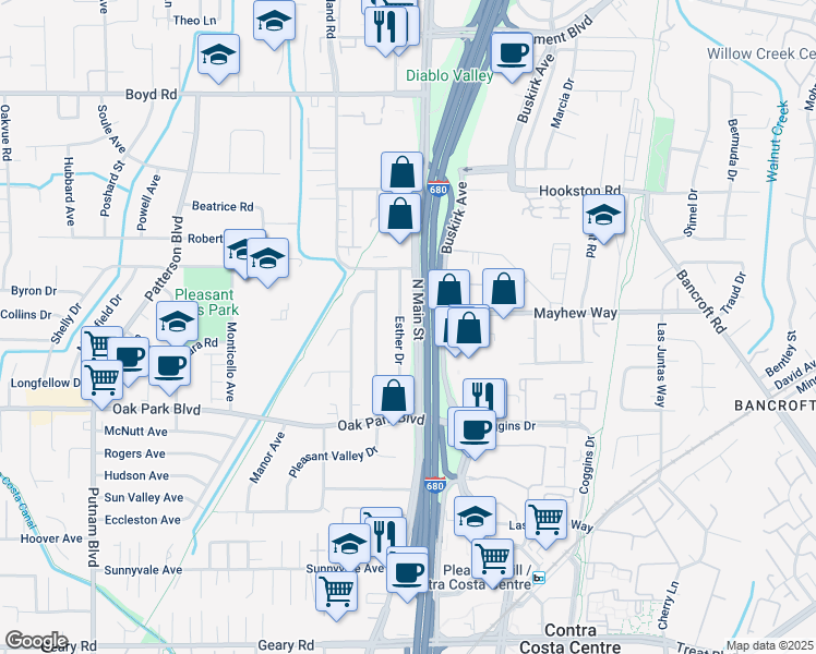 map of restaurants, bars, coffee shops, grocery stores, and more near 1017 Esther Drive in Pleasant Hill