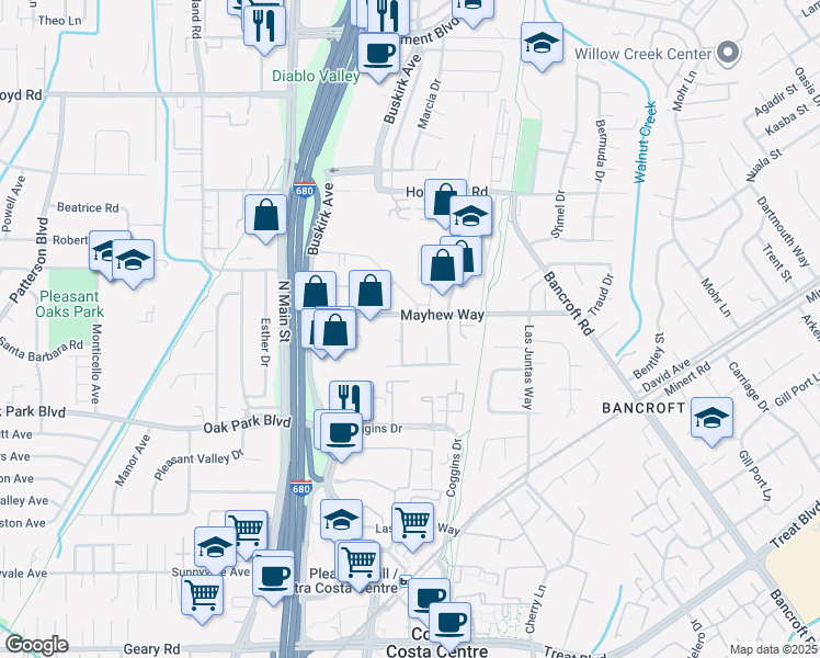 map of restaurants, bars, coffee shops, grocery stores, and more near 3007 Oberon Drive in Walnut Creek