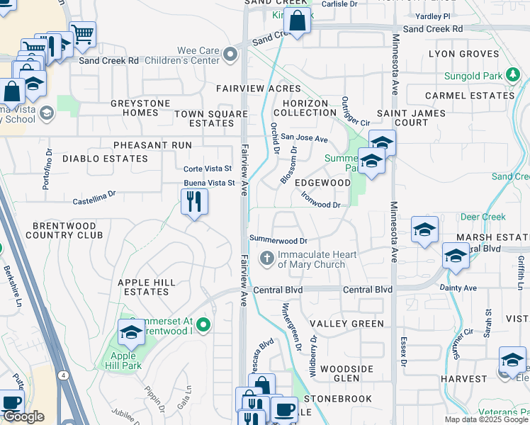 map of restaurants, bars, coffee shops, grocery stores, and more near 764 Sunshine Court in Brentwood