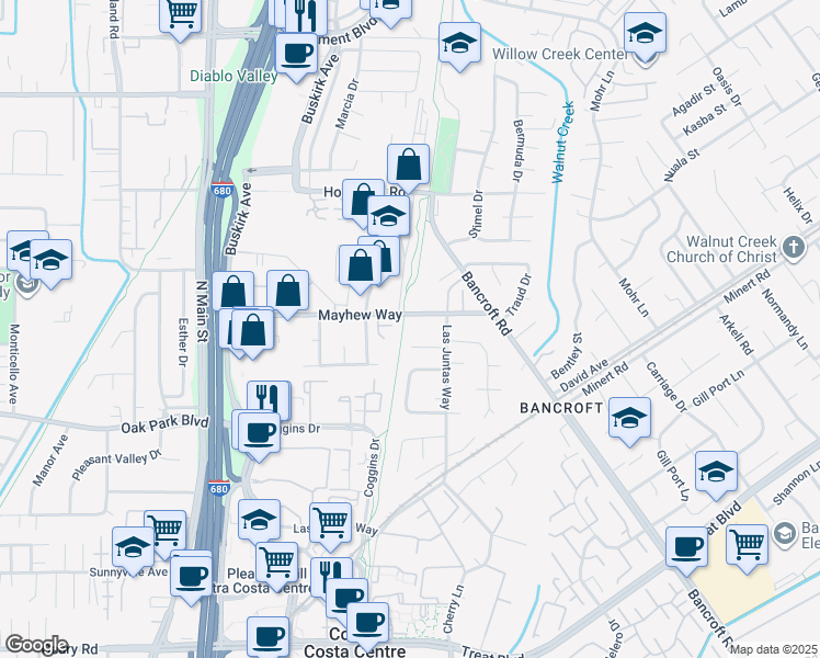 map of restaurants, bars, coffee shops, grocery stores, and more near 192 Mayhew Way in Walnut Creek
