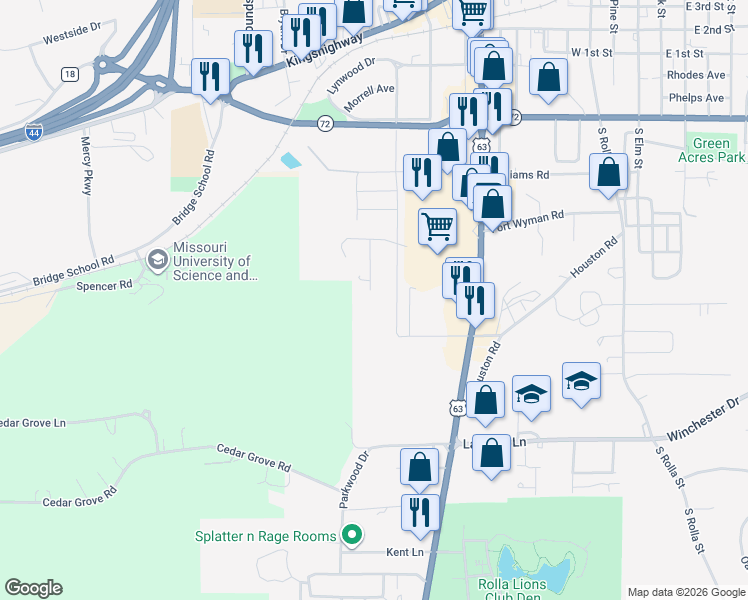 map of restaurants, bars, coffee shops, grocery stores, and more near 615 Penny Lane in Rolla