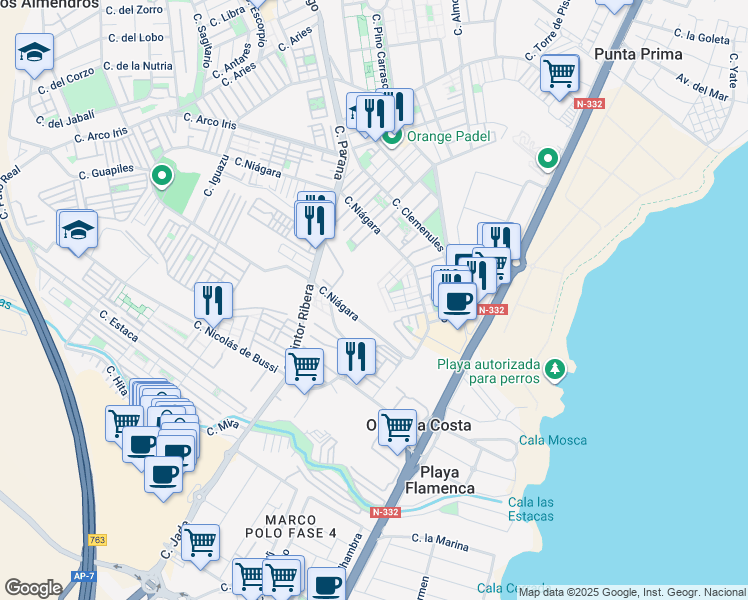 map of restaurants, bars, coffee shops, grocery stores, and more near 1 Lg P Flamenca Golf in Alicante
