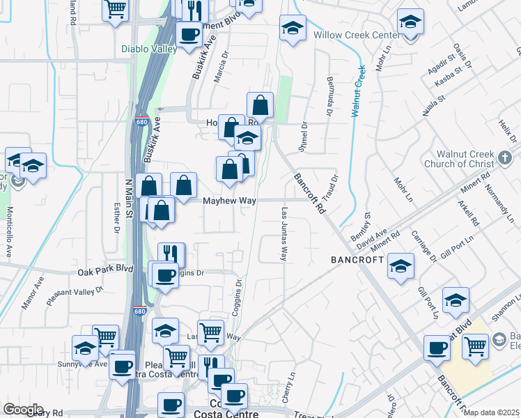 map of restaurants, bars, coffee shops, grocery stores, and more near 192 Mayhew Way in Walnut Creek