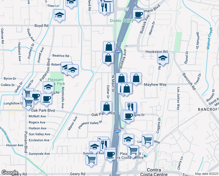 map of restaurants, bars, coffee shops, grocery stores, and more near 1017 Esther Drive in Pleasant Hill