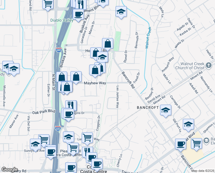map of restaurants, bars, coffee shops, grocery stores, and more near 192 Mayhew Way in Walnut Creek