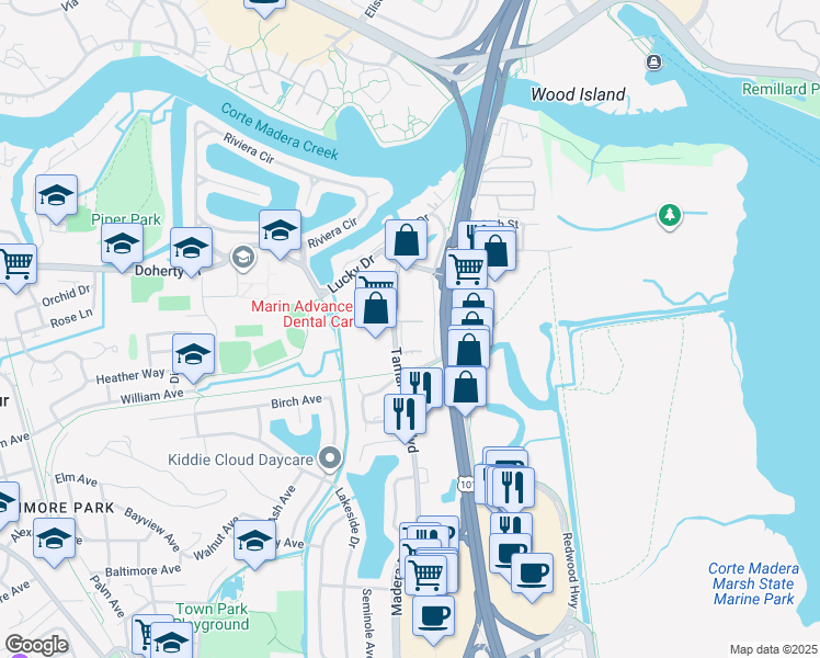 map of restaurants, bars, coffee shops, grocery stores, and more near 203 Tamal Vista Boulevard in Corte Madera