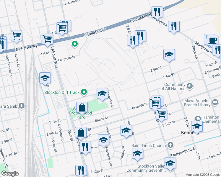 map of restaurants, bars, coffee shops, grocery stores, and more near 1695 East 6th Street in Stockton