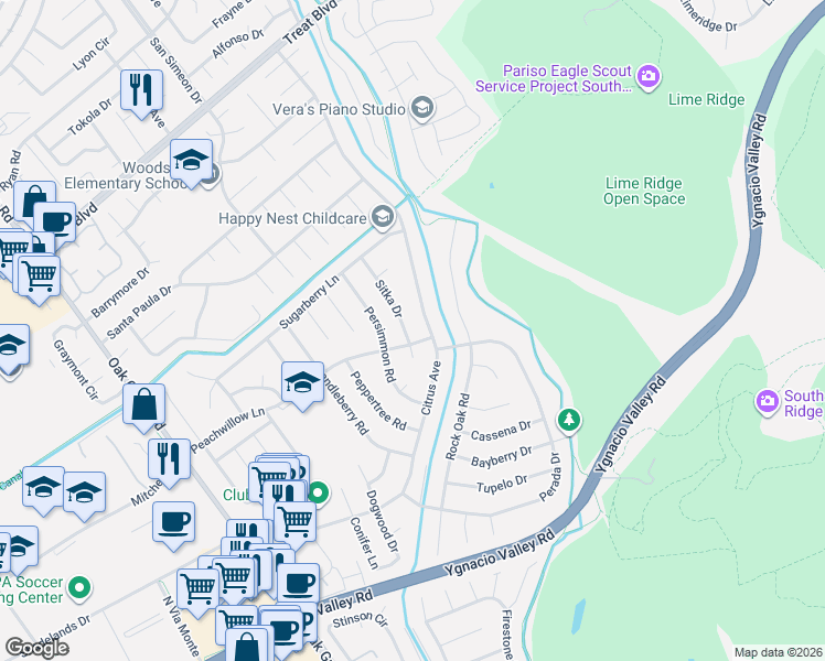 map of restaurants, bars, coffee shops, grocery stores, and more near 612 Sitka Drive in Walnut Creek