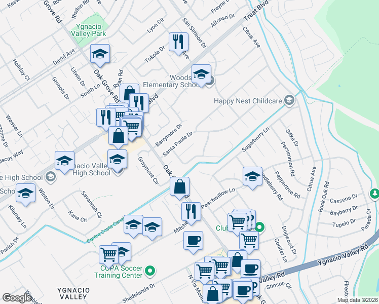 map of restaurants, bars, coffee shops, grocery stores, and more near 3049 Santa Maria Court in Concord