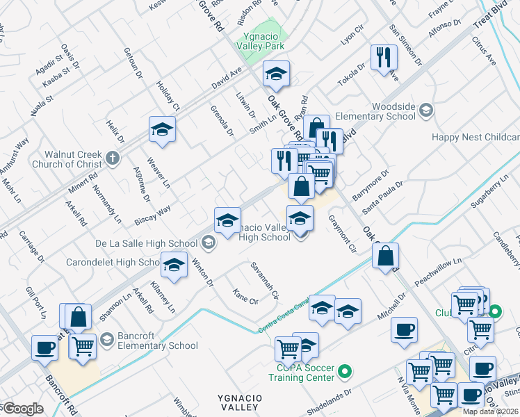map of restaurants, bars, coffee shops, grocery stores, and more near 2890 Treat Boulevard in Walnut Creek
