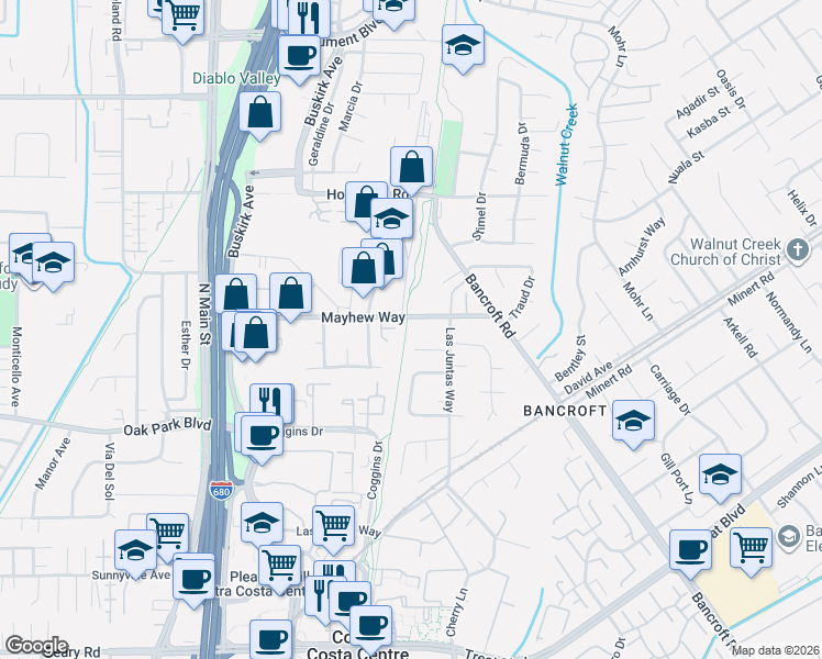 map of restaurants, bars, coffee shops, grocery stores, and more near 200 Mayhew Way in Walnut Creek