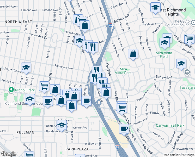 map of restaurants, bars, coffee shops, grocery stores, and more near 12345 San Pablo Avenue in Richmond