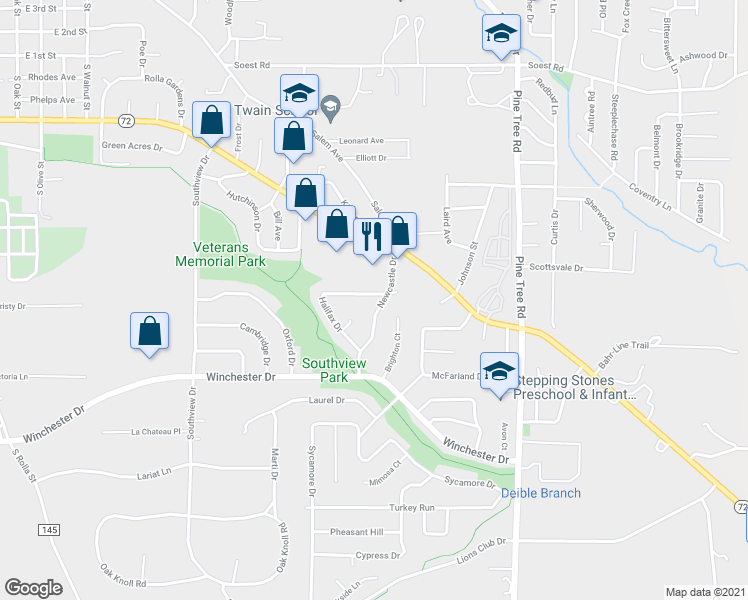 map of restaurants, bars, coffee shops, grocery stores, and more near 803B Halifax Drive in Rolla