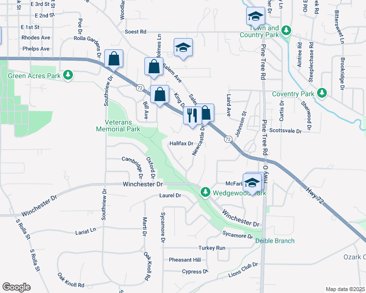 map of restaurants, bars, coffee shops, grocery stores, and more near 803B Halifax Drive in Rolla