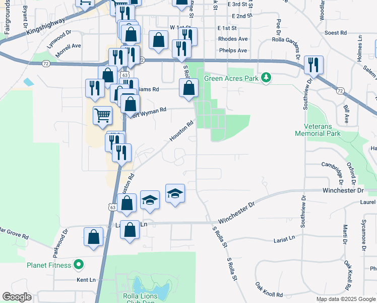 map of restaurants, bars, coffee shops, grocery stores, and more near 652 South Rolla Street in Rolla