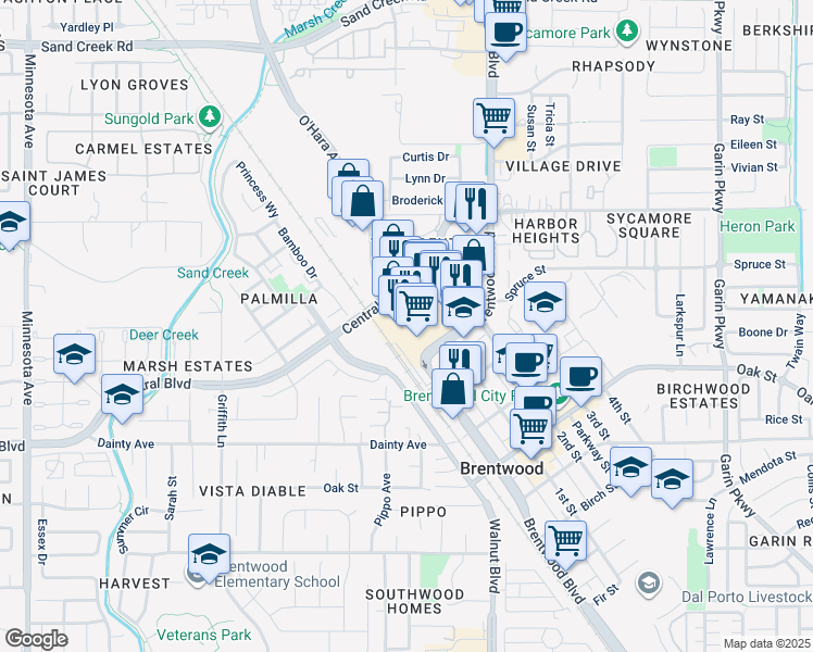 map of restaurants, bars, coffee shops, grocery stores, and more near 1145 2nd Street in Brentwood