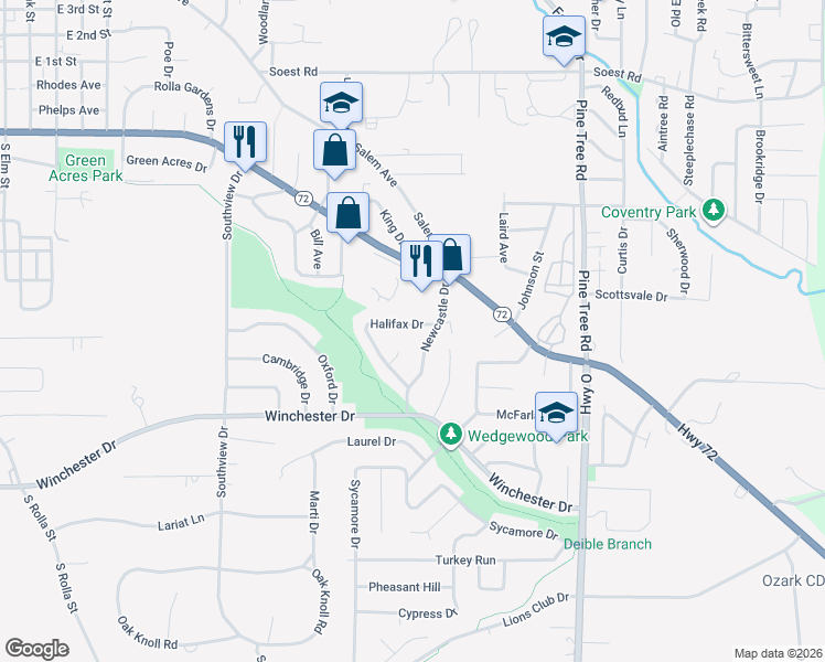 map of restaurants, bars, coffee shops, grocery stores, and more near 803 Halifax Drive in Rolla