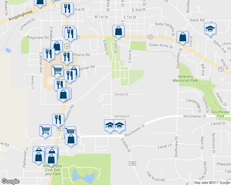map of restaurants, bars, coffee shops, grocery stores, and more near 203 Christy Drive in Rolla