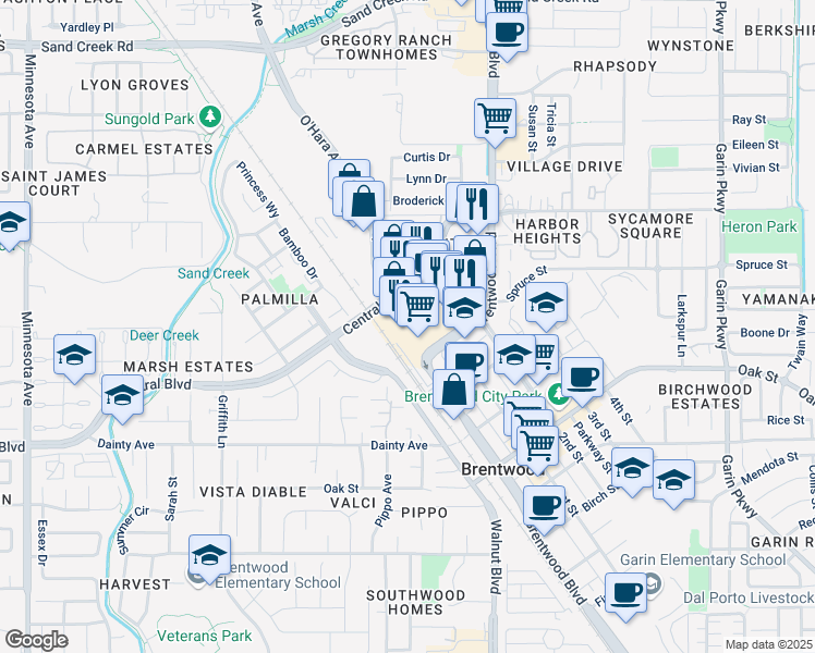 map of restaurants, bars, coffee shops, grocery stores, and more near 1145 2nd Street in Brentwood