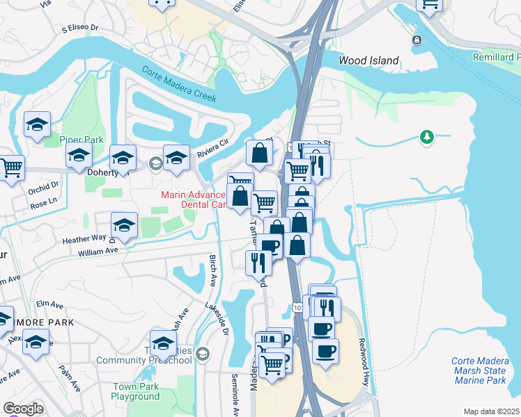 map of restaurants, bars, coffee shops, grocery stores, and more near 203 Tamal Vista Boulevard in Corte Madera