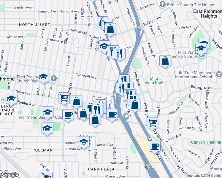 map of restaurants, bars, coffee shops, grocery stores, and more near 536 43rd Street in Richmond