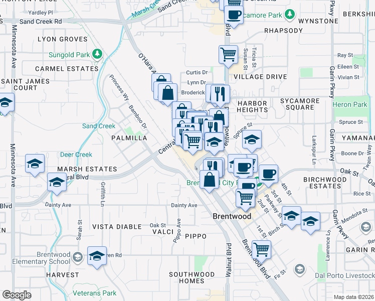 map of restaurants, bars, coffee shops, grocery stores, and more near 1145 2nd Street in Brentwood