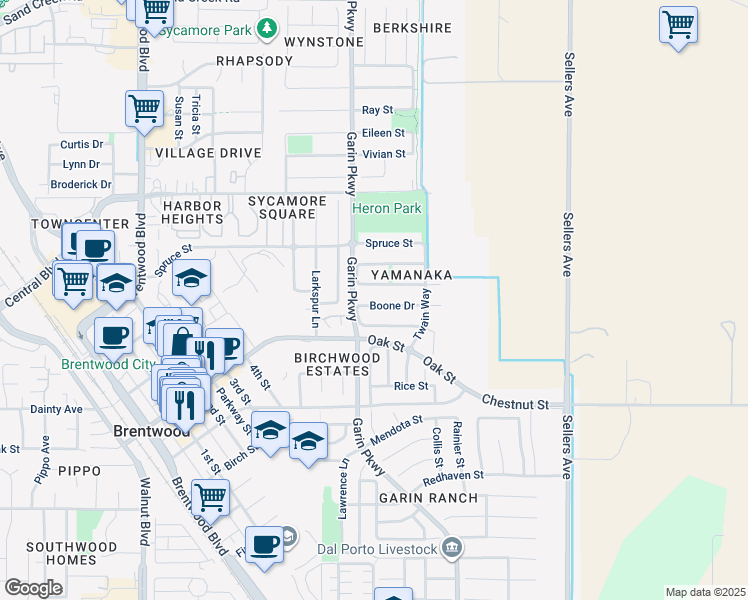 map of restaurants, bars, coffee shops, grocery stores, and more near 817 Boone Drive in Brentwood