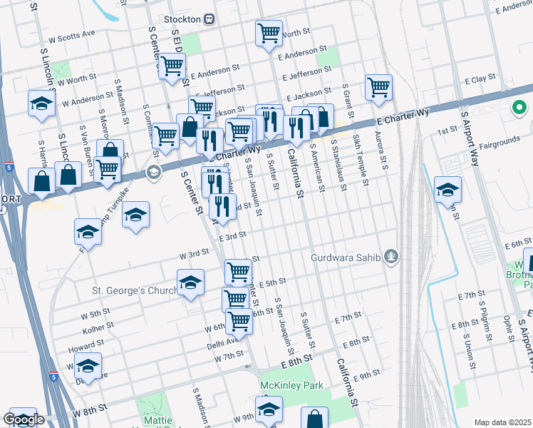 map of restaurants, bars, coffee shops, grocery stores, and more near 1614 South San Joaquin Street in Stockton